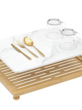 New  Drying Mat for Kitchen Counter, Dish Drying Pad with Bamboo Rack, 16x12,